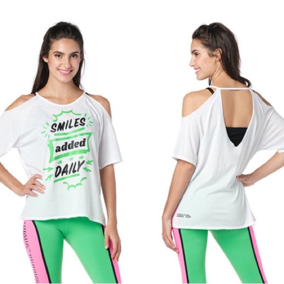 Zumba Fitness Women’s Top  Cold Shoulder “ Smile Added Daily” - White - Picture 1 of 4